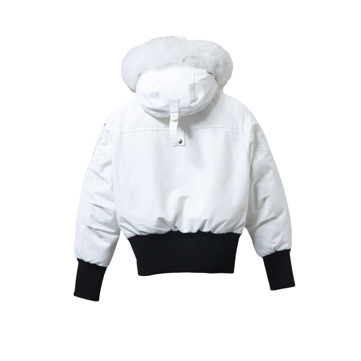 Moose Knuckles White Fox Fur Hood Bomber Down Jacket with Black Trim