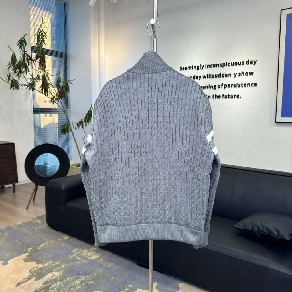 Moncler Down Knit Hybrid Jacket Grey Black Cable Knit Sleeve White Stripe Dual Colour