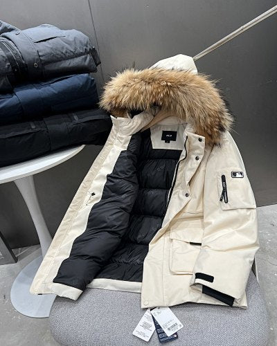 MLB NY Yankees Cream White Fur Trim Hooded Down Jacket