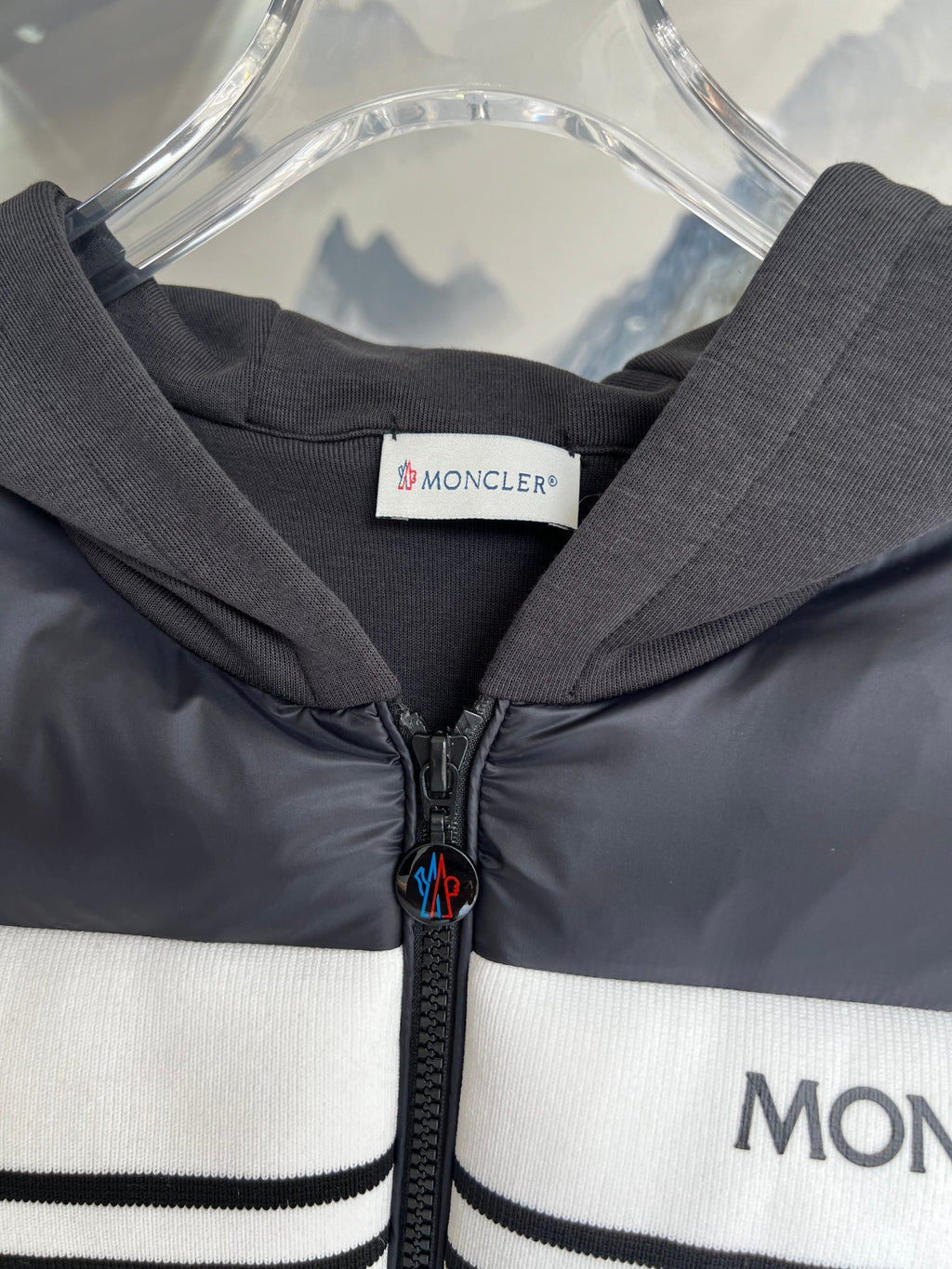Moncler Black Down Cardigan Hoodie Hybrid Jacket with Logo Stripe