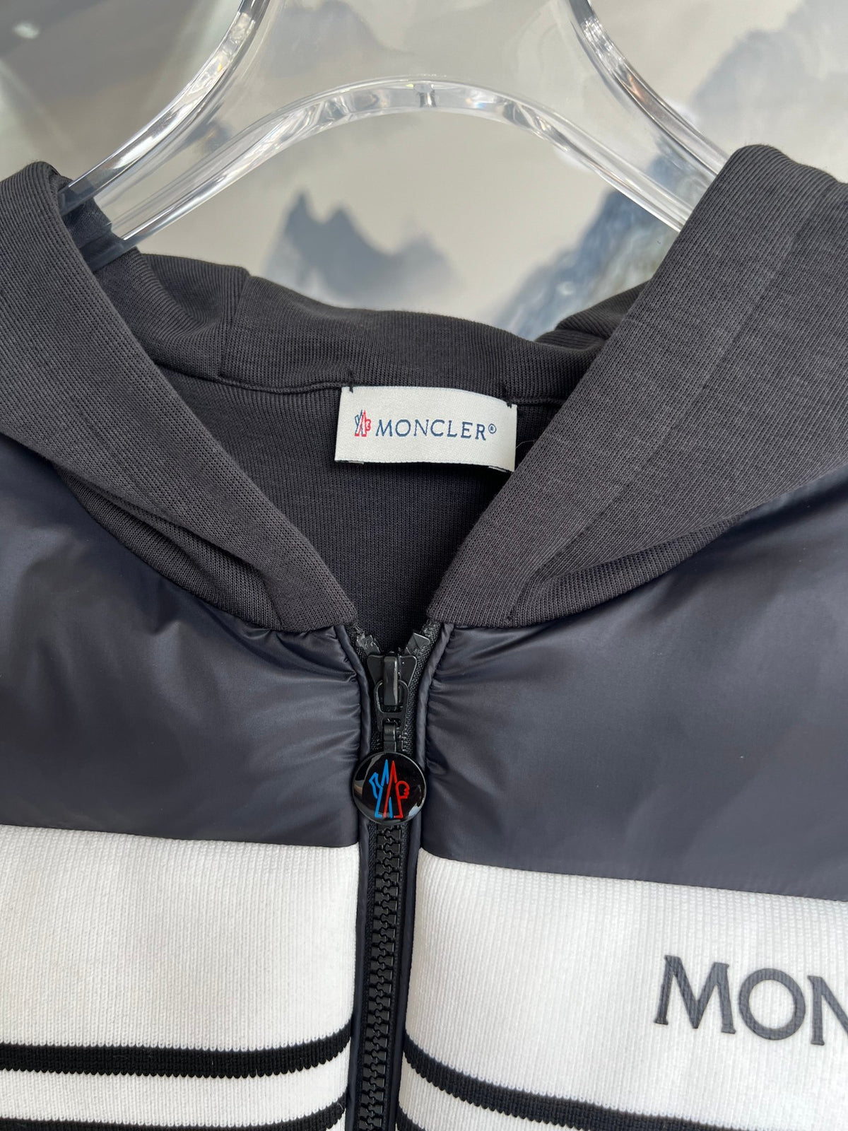 Moncler Black Down Cardigan Hoodie Hybrid Jacket with Logo Stripe
