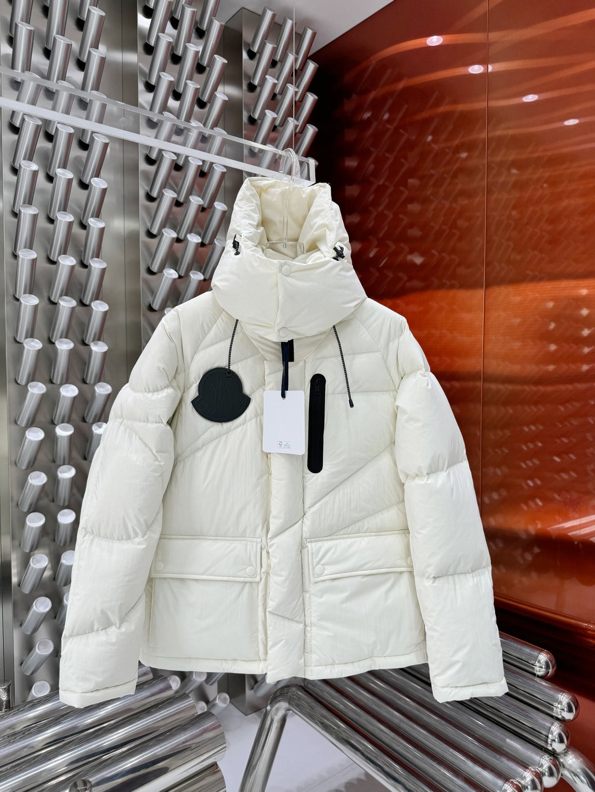 Moncler Cream White Diagonal Quilt Hooded Down Jacket