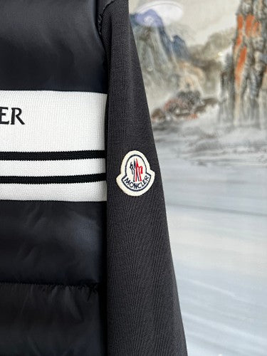 Moncler Black Down Cardigan Hoodie Hybrid Jacket with Logo Stripe