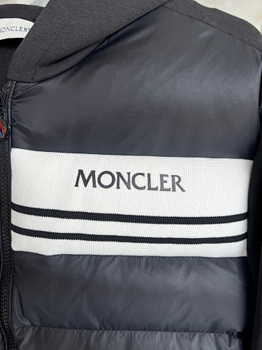 Moncler Black Down Cardigan Hoodie Hybrid Jacket with Logo Stripe