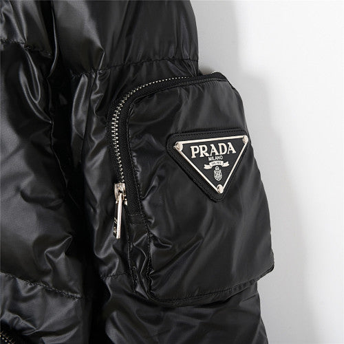 Prada Re-Nylon Down Puffer Jacket Black Triangle Badge Silver Zip