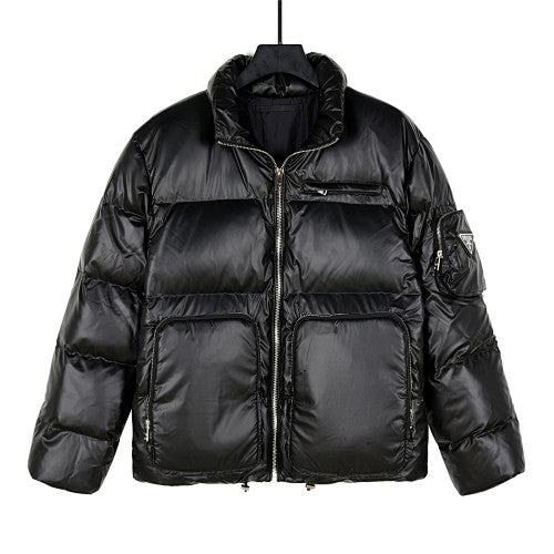 Prada Re-Nylon Down Puffer Jacket Black Triangle Badge Silver Zip