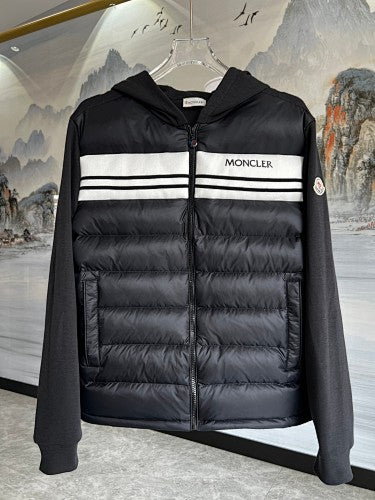 Moncler Black Down Cardigan Hoodie Hybrid Jacket with Logo Stripe