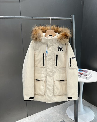 MLB NY Yankees Cream White Fur Trim Hooded Down Jacket