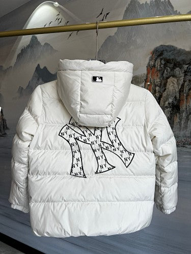 MLB New York Yankees Hooded Down Puffer Jacket Cream White NY Monogram RDS Certified