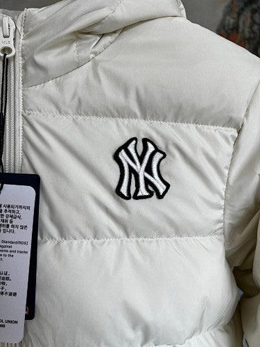 MLB New York Yankees Hooded Down Puffer Jacket Cream White NY Monogram RDS Certified