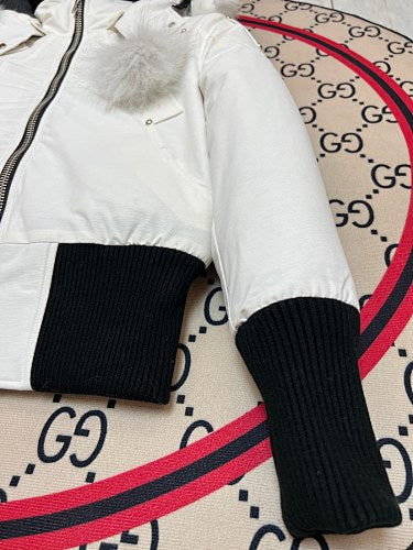 Moose Knuckles Down Bomber Jacket White Black Fur Hood Dual Pompom Ribbed Cuff