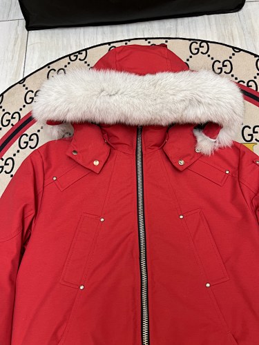 Moose Knuckles Down Bomber Jacket Red White Fur Hood Gold Hardware