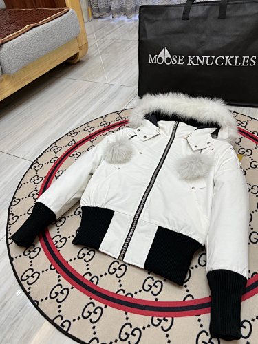 Moose Knuckles Down Bomber Jacket White Black Fur Hood Dual Pompom Ribbed Cuff
