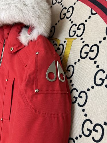 Moose Knuckles Down Bomber Jacket Red White Fur Hood Gold Hardware