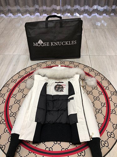 Moose Knuckles Down Bomber Jacket White Black Fur Hood Dual Pompom Ribbed Cuff