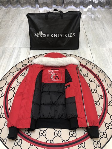 Moose Knuckles Down Bomber Jacket Red White Fur Hood Gold Hardware