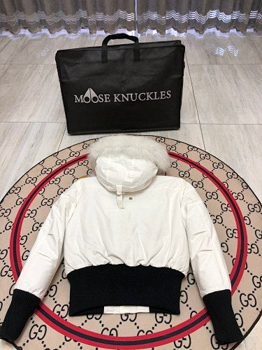 Moose Knuckles Down Bomber Jacket White Black Fur Hood Dual Pompom Ribbed Cuff