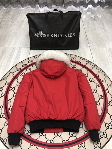 Moose Knuckles Down Bomber Jacket Red White Fur Hood Gold Hardware