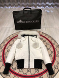 Moose Knuckles Down Bomber Jacket White Black Fur Hood Dual Pompom Ribbed Cuff