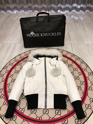 Moose Knuckles Down Bomber Jacket White Black Fur Hood Dual Pompom Ribbed Cuff