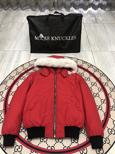 Moose Knuckles Down Bomber Jacket Red White Fur Hood Gold Hardware
