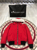 Moose Knuckles Down Bomber Jacket Red White Fur Hood Gold Hardware