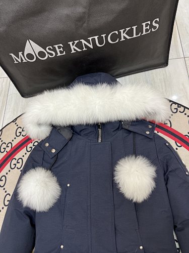 Moose Knuckles Down Parka Navy White Fur Hood Pompom Silver Snap