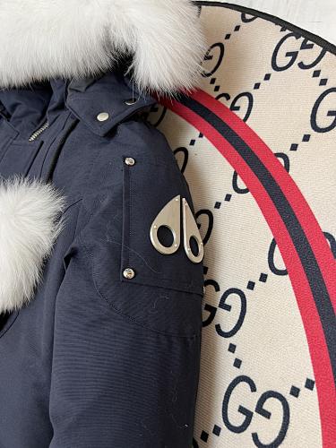 Moose Knuckles Down Parka Navy White Fur Hood Pompom Silver Snap
