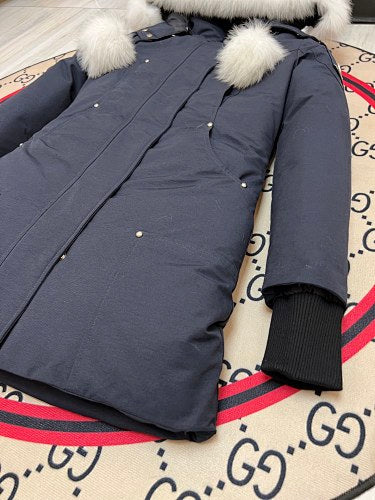 Moose Knuckles Down Parka Navy White Fur Hood Pompom Silver Snap