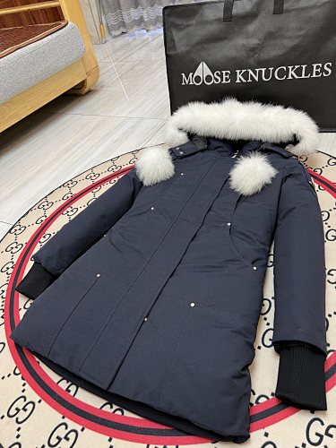 Moose Knuckles Down Parka Navy White Fur Hood Pompom Silver Snap