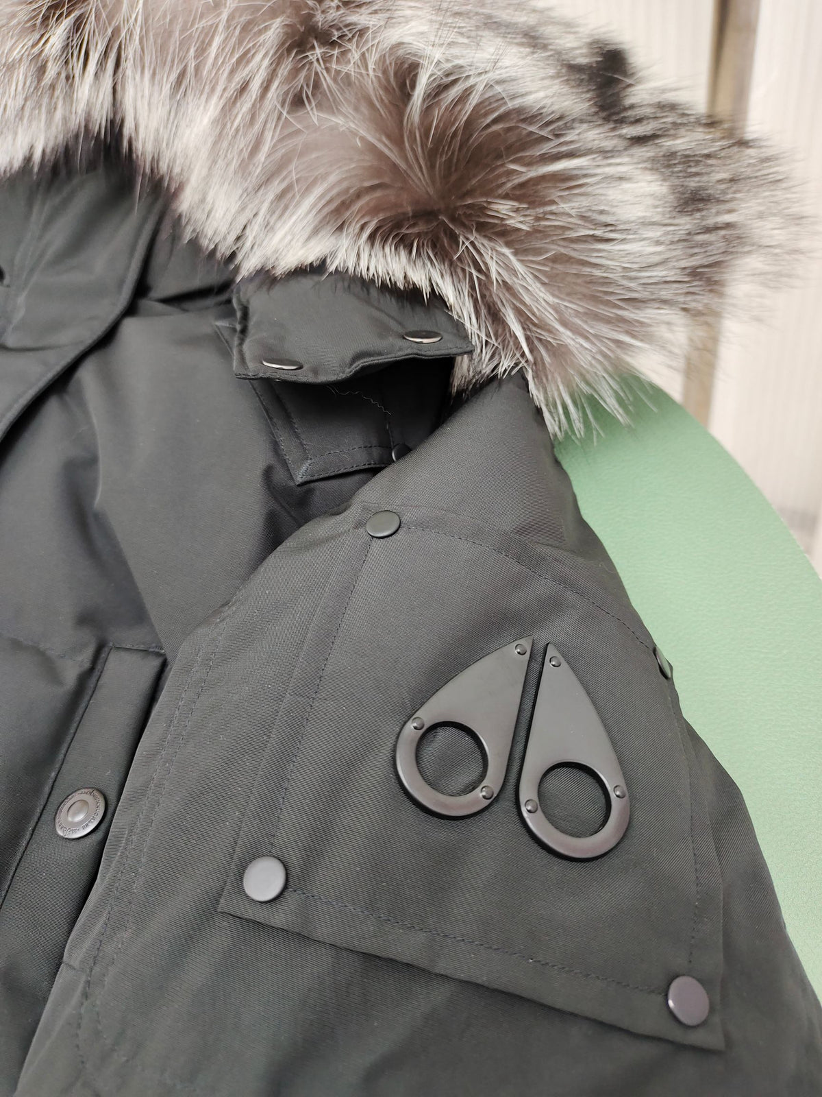 Moose Knuckles Black Long Parka Down Coat with Silver Fox Fur Hood