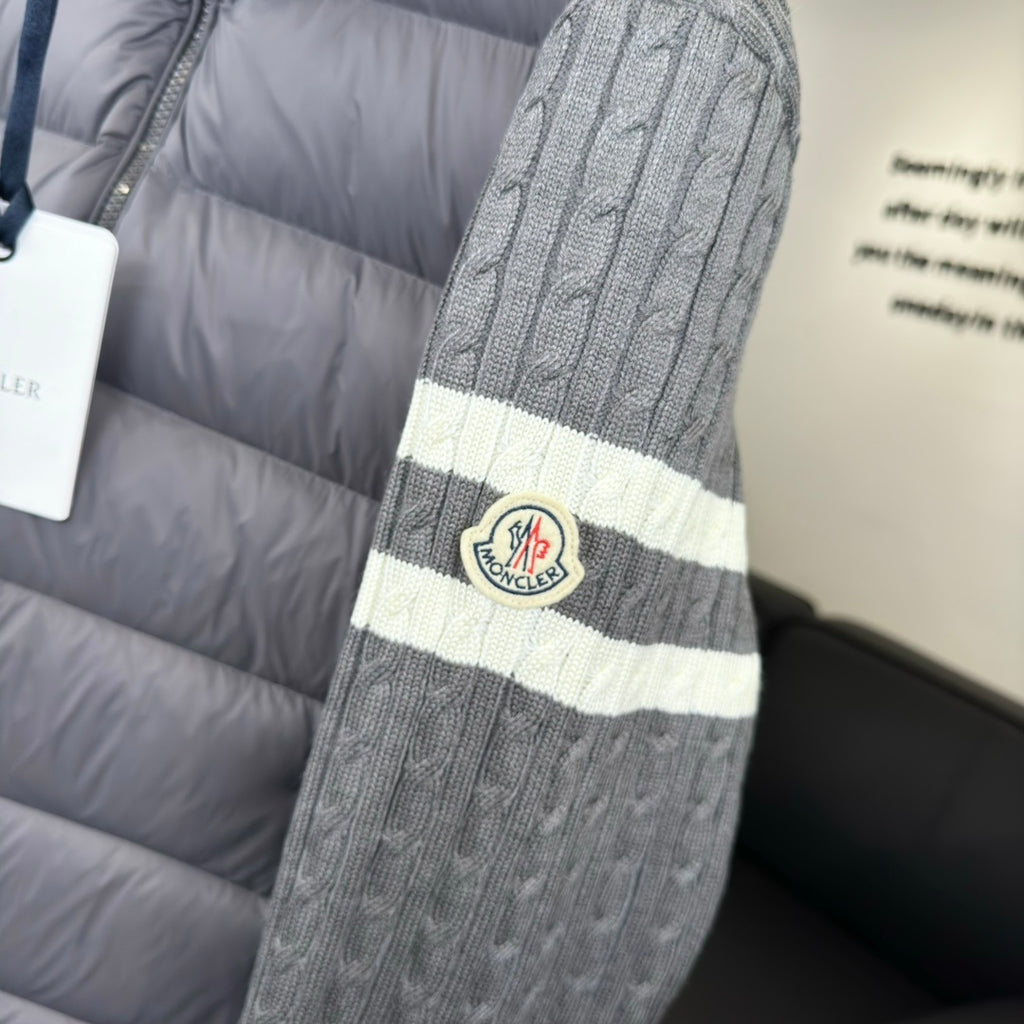 Moncler Down Knit Hybrid Jacket Grey Black Cable Knit Sleeve White Stripe Dual Colour