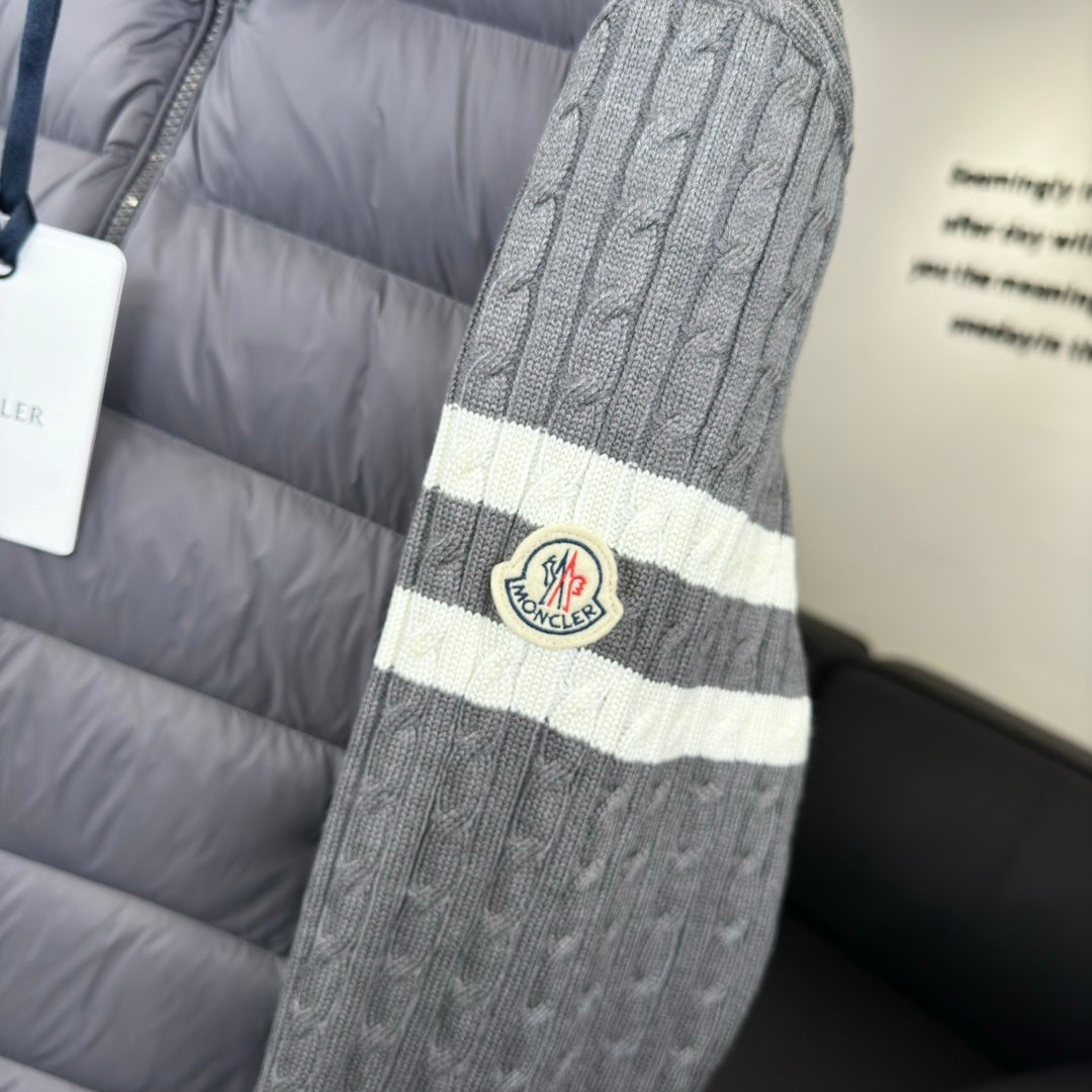 Moncler Down Knit Hybrid Jacket Grey Black Cable Knit Sleeve White Stripe Dual Colour
