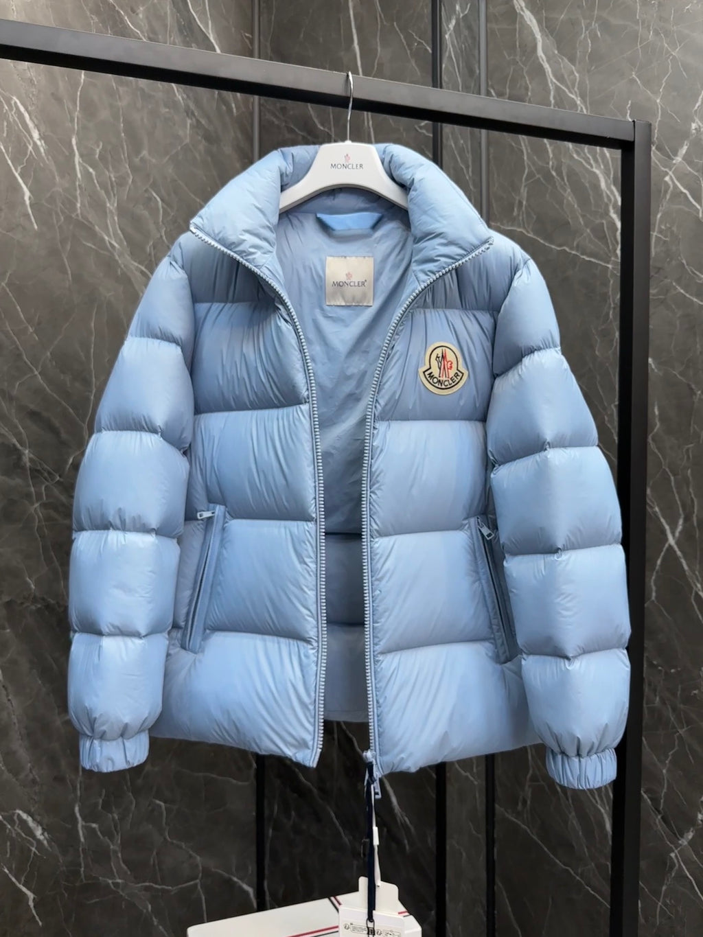 Moncler Maya Down Jacket Sky Blue Large Circular Badge Zip Pockets