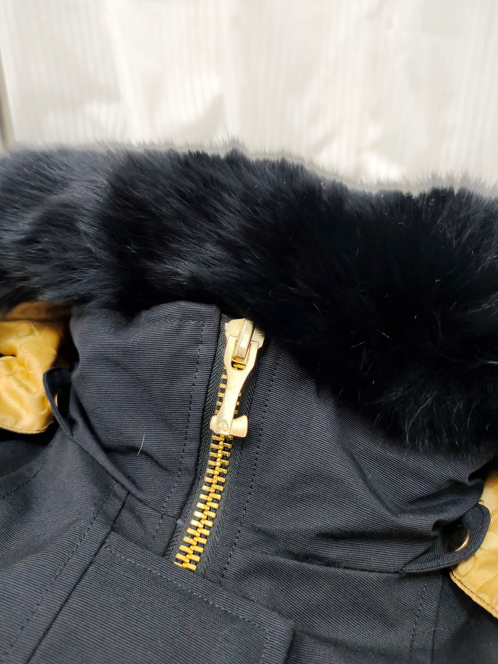 Moose Knuckles Down Parka Black Black Fur Hood Dual Pompom Gold Jacquard Lining