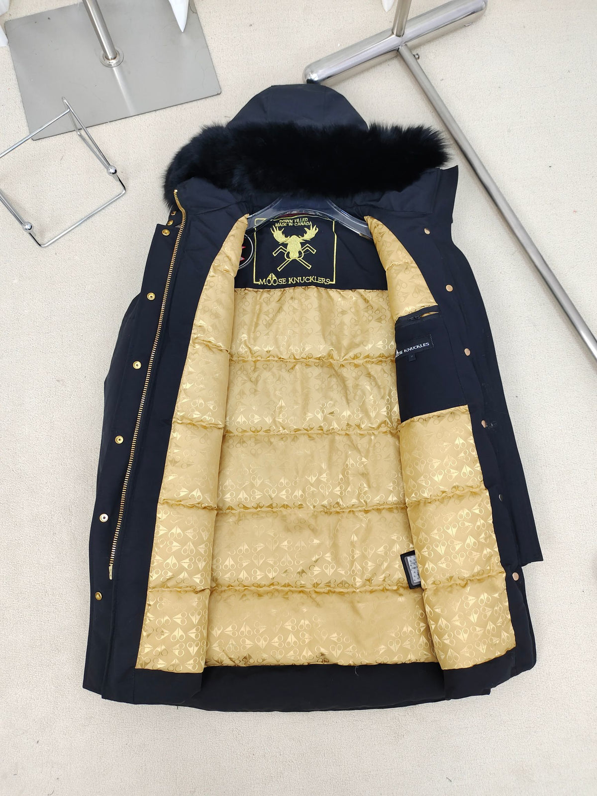 Moose Knuckles Down Parka Black Black Fur Hood Dual Pompom Gold Jacquard Lining