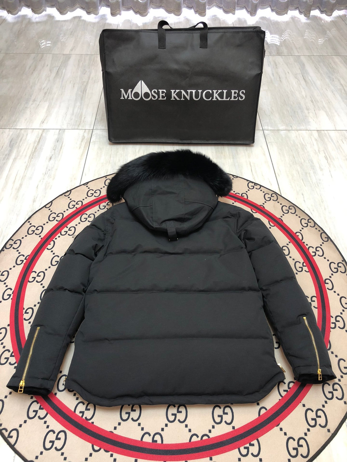 Moose Knuckles Down Short Puffer Jacket Black Black Fur Hood Gold Lining Hockey Patch