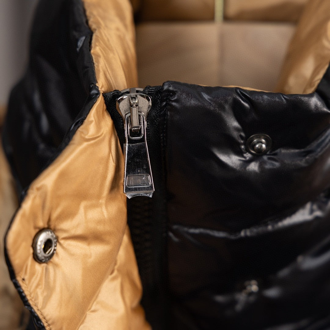 Moncler Down Jacket Black Caramel Gold Two-Tone Reversible Hood MONCLER Logo Zip Tape