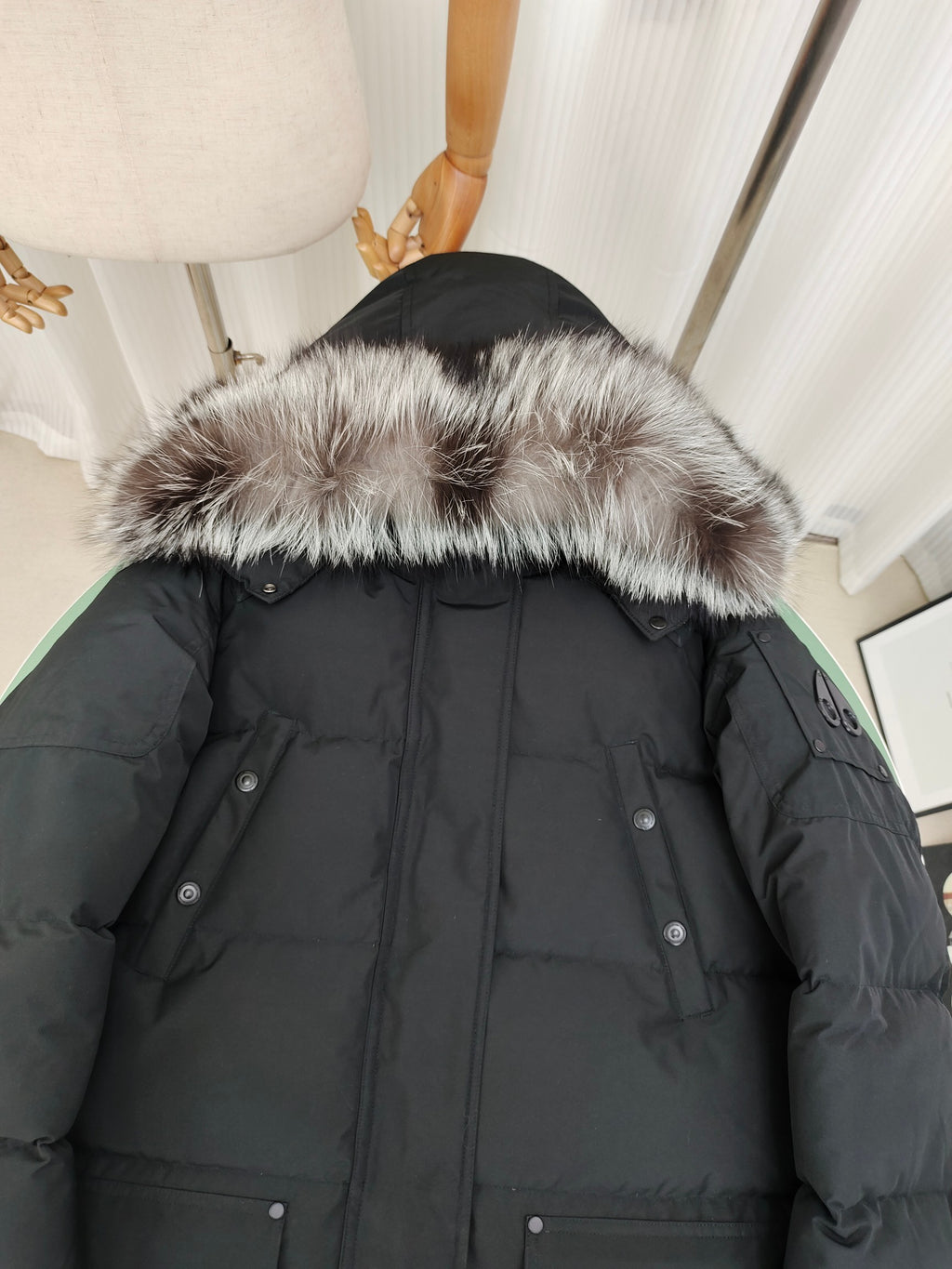 Moose Knuckles Black Long Parka Down Coat with Silver Fox Fur Hood