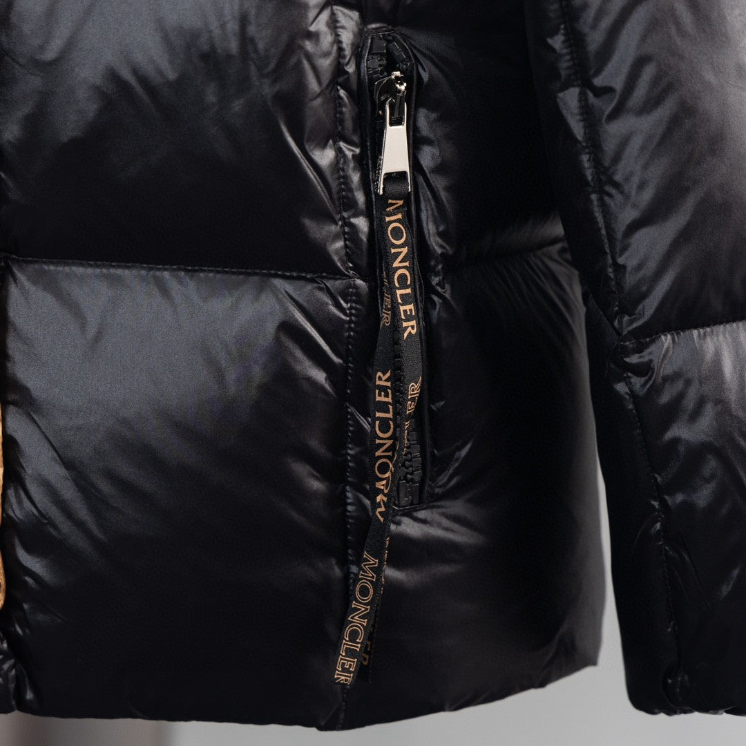 Moncler Down Jacket Black Caramel Gold Two-Tone Reversible Hood MONCLER Logo Zip Tape