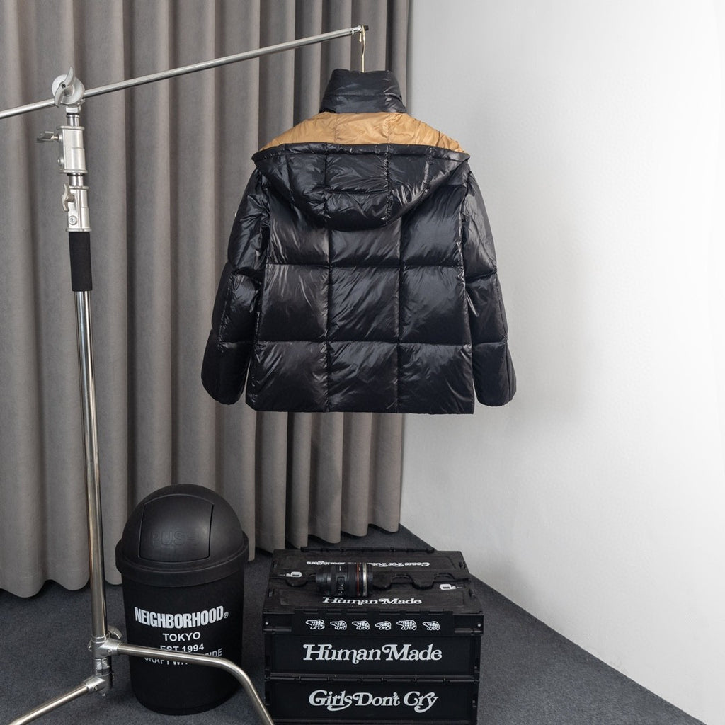 Moncler Down Jacket Black Caramel Gold Two-Tone Reversible Hood MONCLER Logo Zip Tape