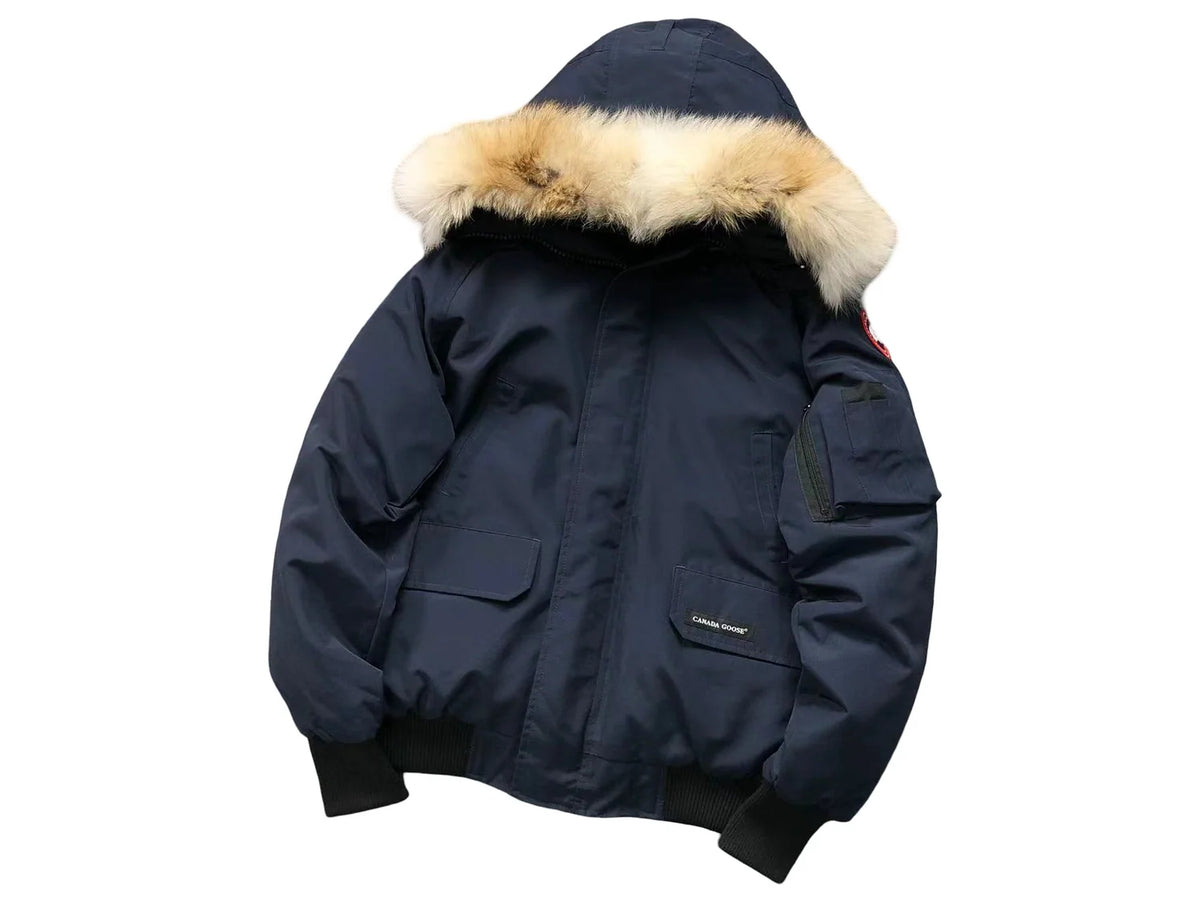 Canada Goose Navy Chilliwack Bomber Down Jacket with Fur Trim Hood