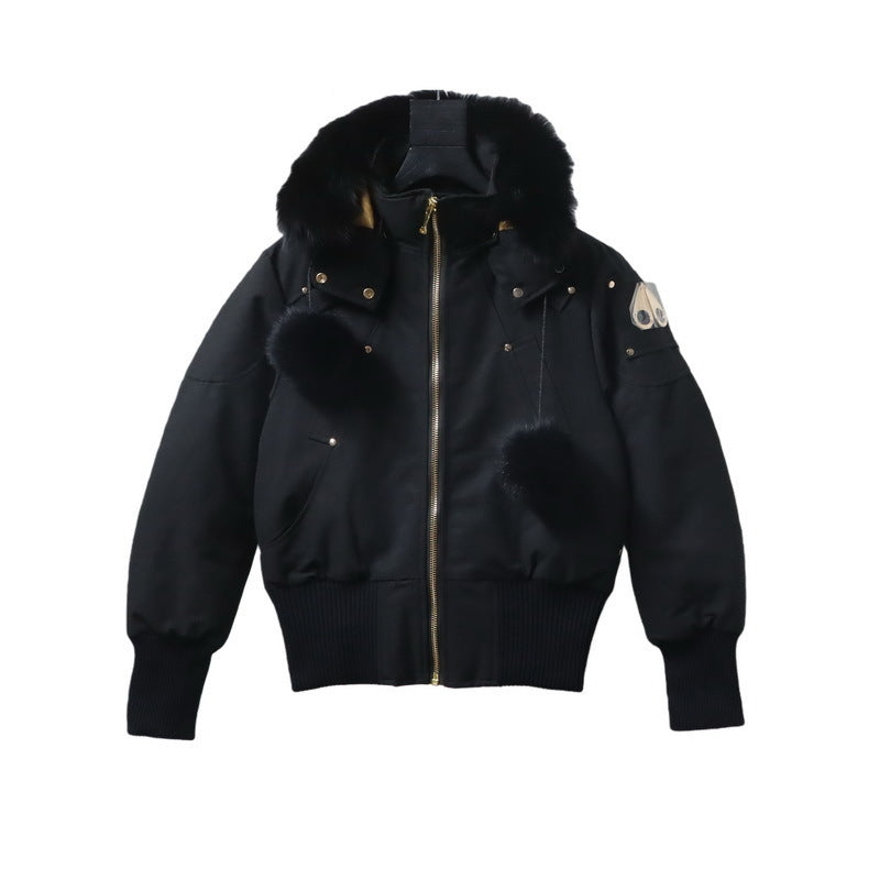 Moose Knuckles Black Wool Fox Fur Hood Bomber Down Jacket