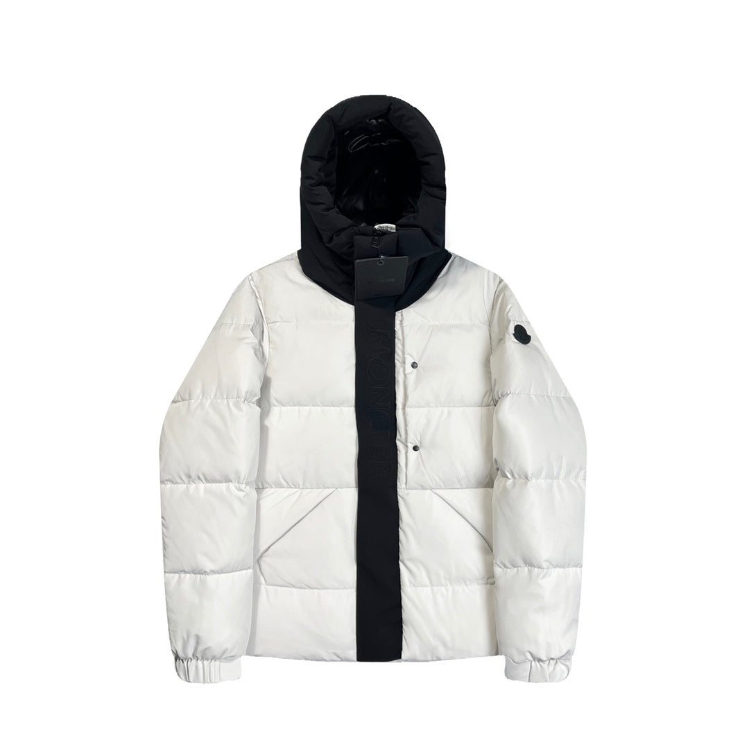 Moncler Down Puffer Jacket White Black Hood Colourblock Quilted