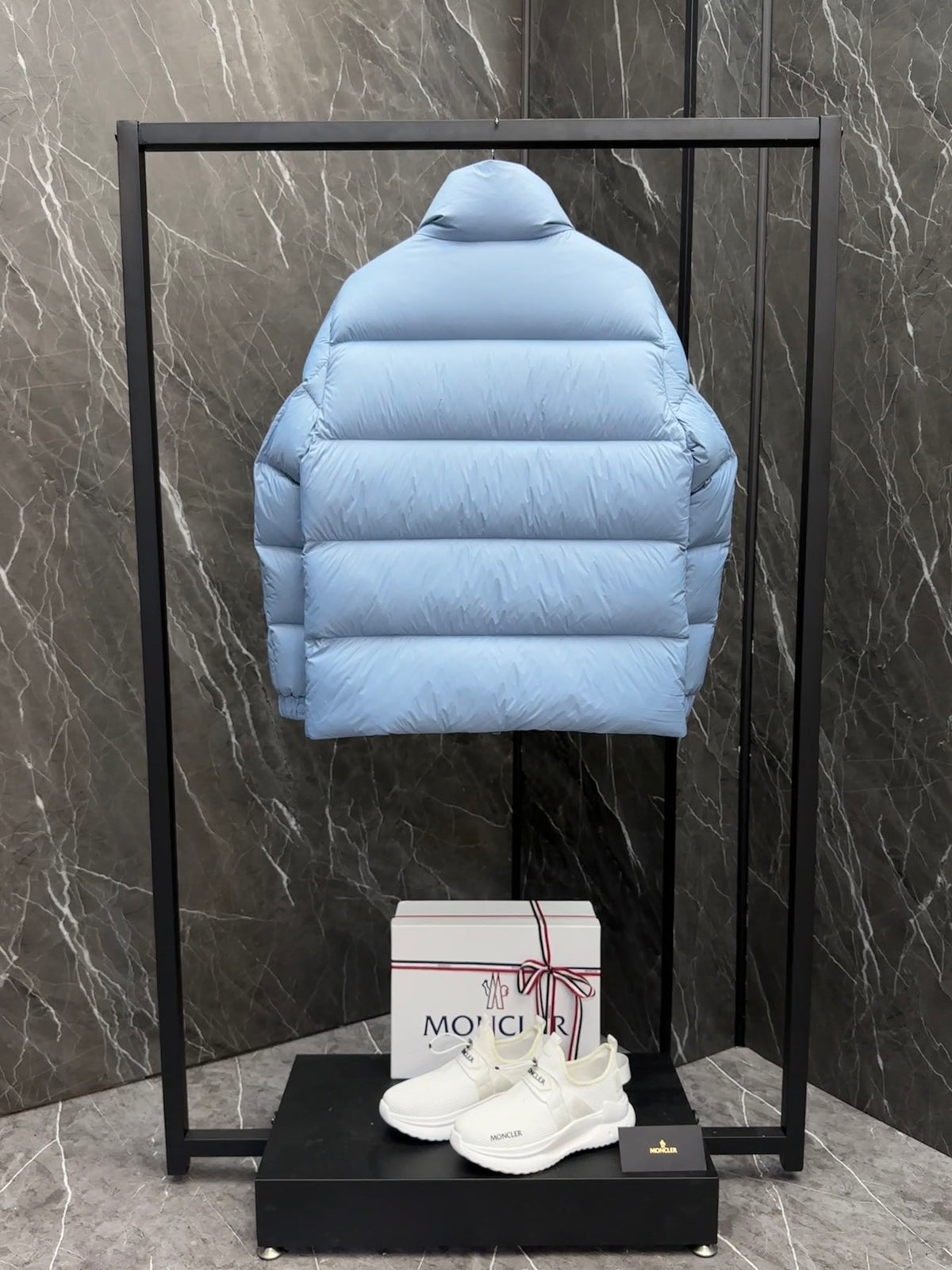 Moncler Maya Down Jacket Sky Blue Large Circular Badge Zip Pockets
