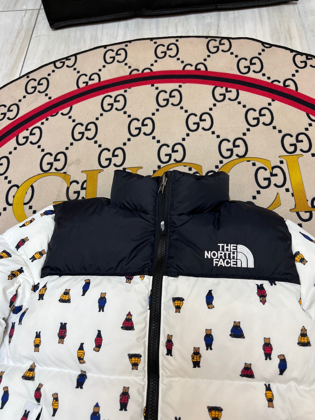 The North Face Nuptse Bear Allover Print Down Jacket White Black