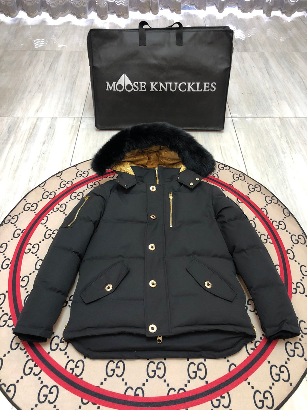 Moose Knuckles Down Short Puffer Jacket Black Black Fur Hood Gold Lining Hockey Patch