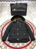 Moose Knuckles Down Short Puffer Jacket Black Black Fur Hood Gold Lining Hockey Patch