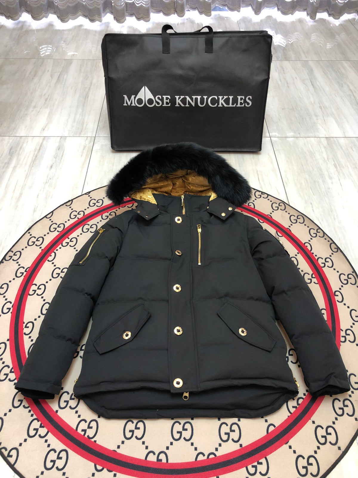 Moose Knuckles Down Short Puffer Jacket Black Black Fur Hood Gold Lining Hockey Patch