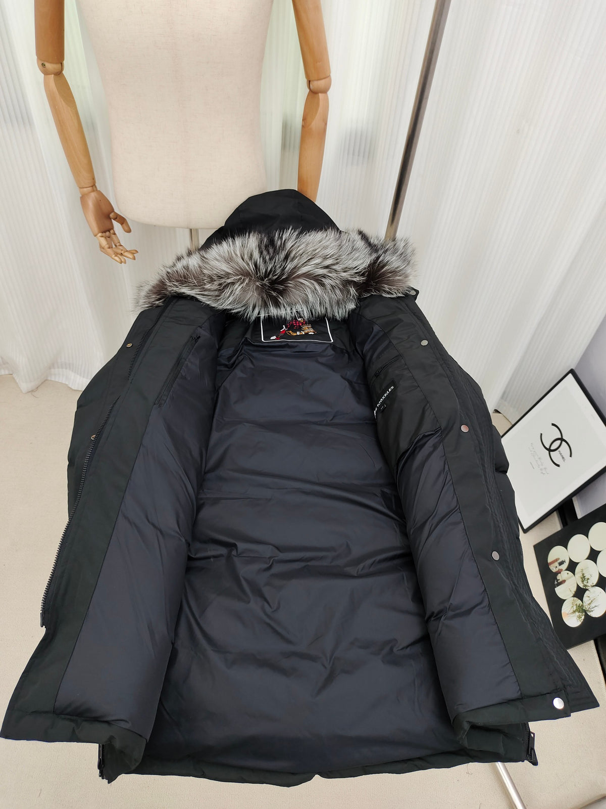 Moose Knuckles Black Long Parka Down Coat with Silver Fox Fur Hood
